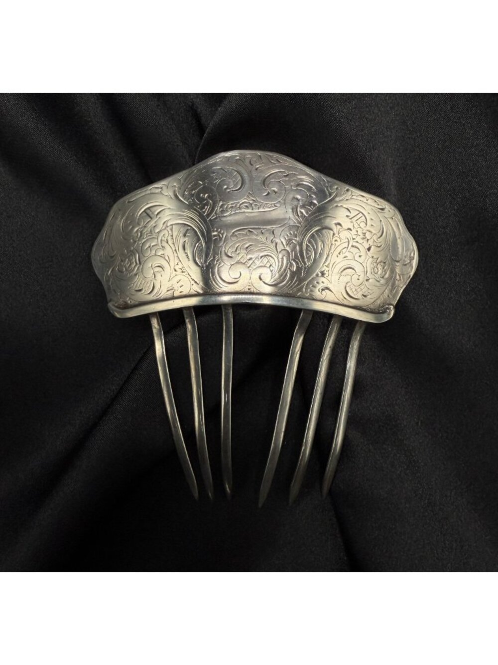 Antique Ornate Tested Silver Hair Comb With Engraved Floral Design